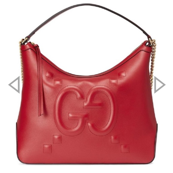 GUCCI RED LEATHER EMBOSSED APOLLO LOGO HOBO SHOULDER/TOTE BAG WITH GOLD CHAINNWT - Picture 4 of 8